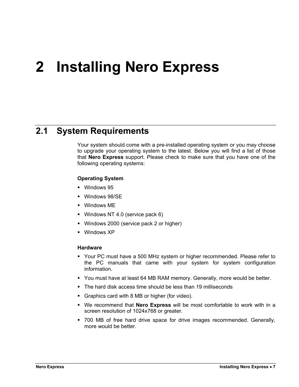 Installing nero express, System requirements, 2 installing nero express | 1 system requirements | HP CD52 External CD-Writer Series User Manual | Page 7 / 117