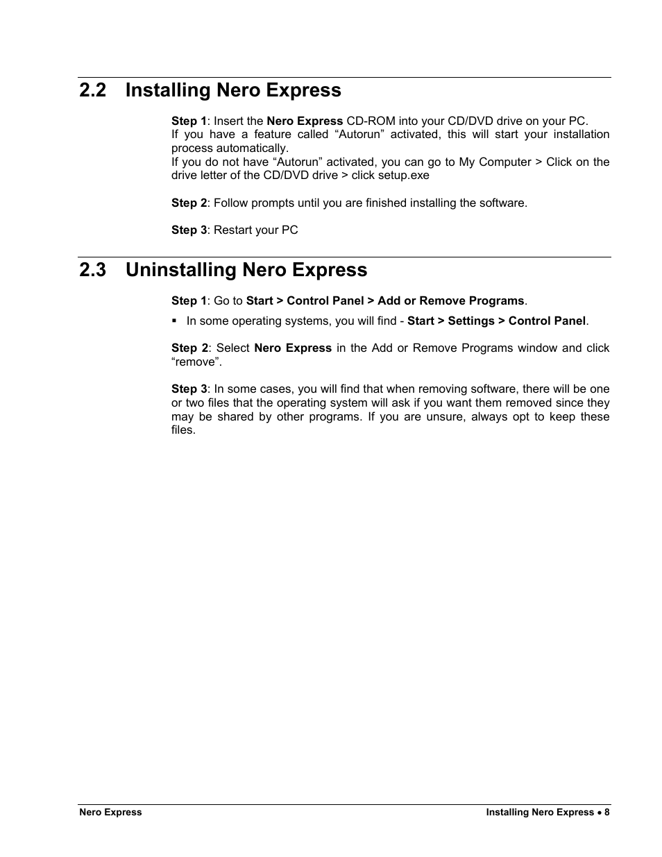 Installing nero express, Uninstalling nero express, 2 installing nero express | 3 uninstalling nero express | HP CD52 External CD-Writer Series User Manual | Page 8 / 117