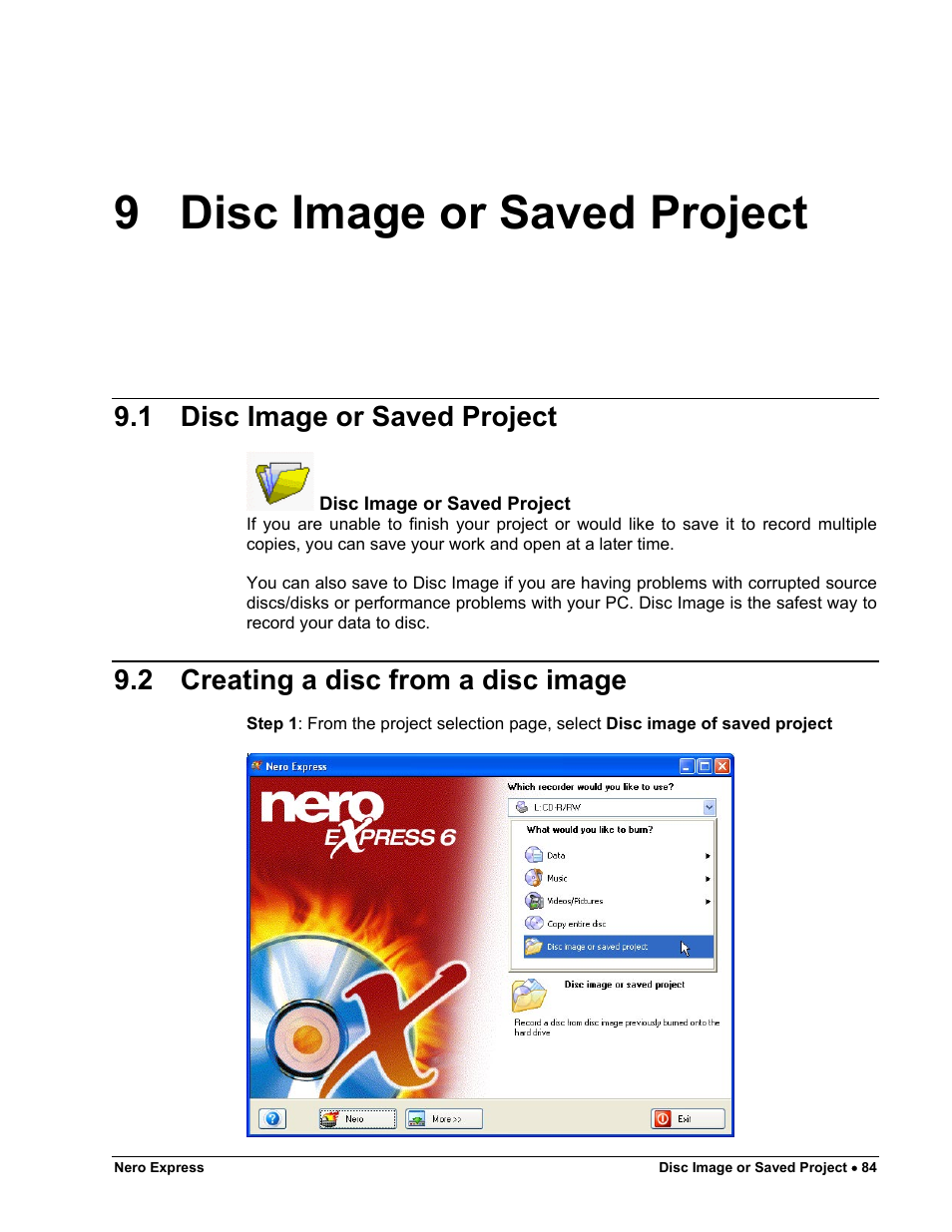 Disc image or saved project, Creating a disc from a disc image, 9 disc image or saved project | 1 disc image or saved project, 2 creating a disc from a disc image | HP CD52 External CD-Writer Series User Manual | Page 84 / 117