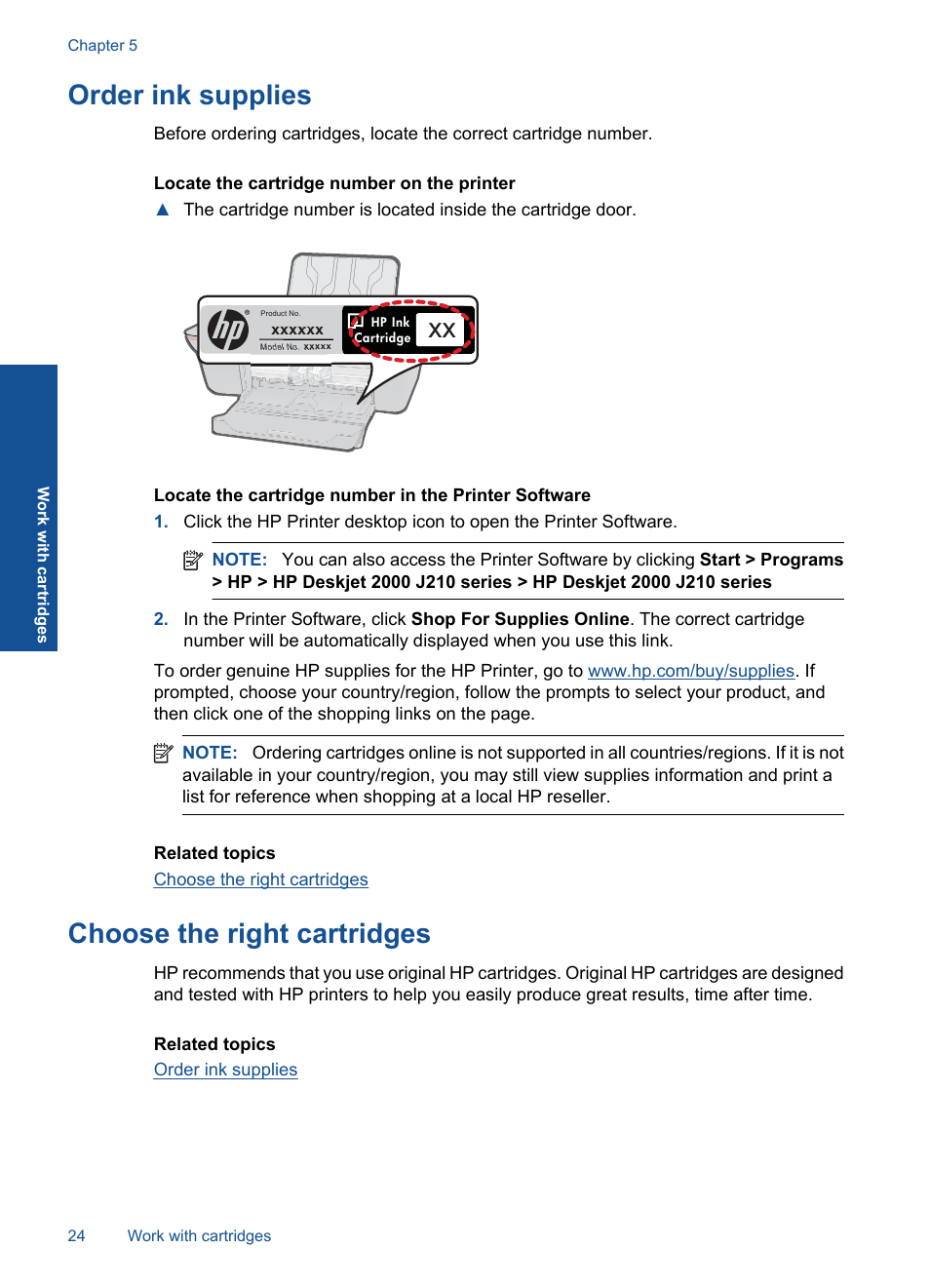 Order ink supplies, Choose the right cartridges | HP Deskjet 2000 Printer - J210a User Manual | Page 26 / 52