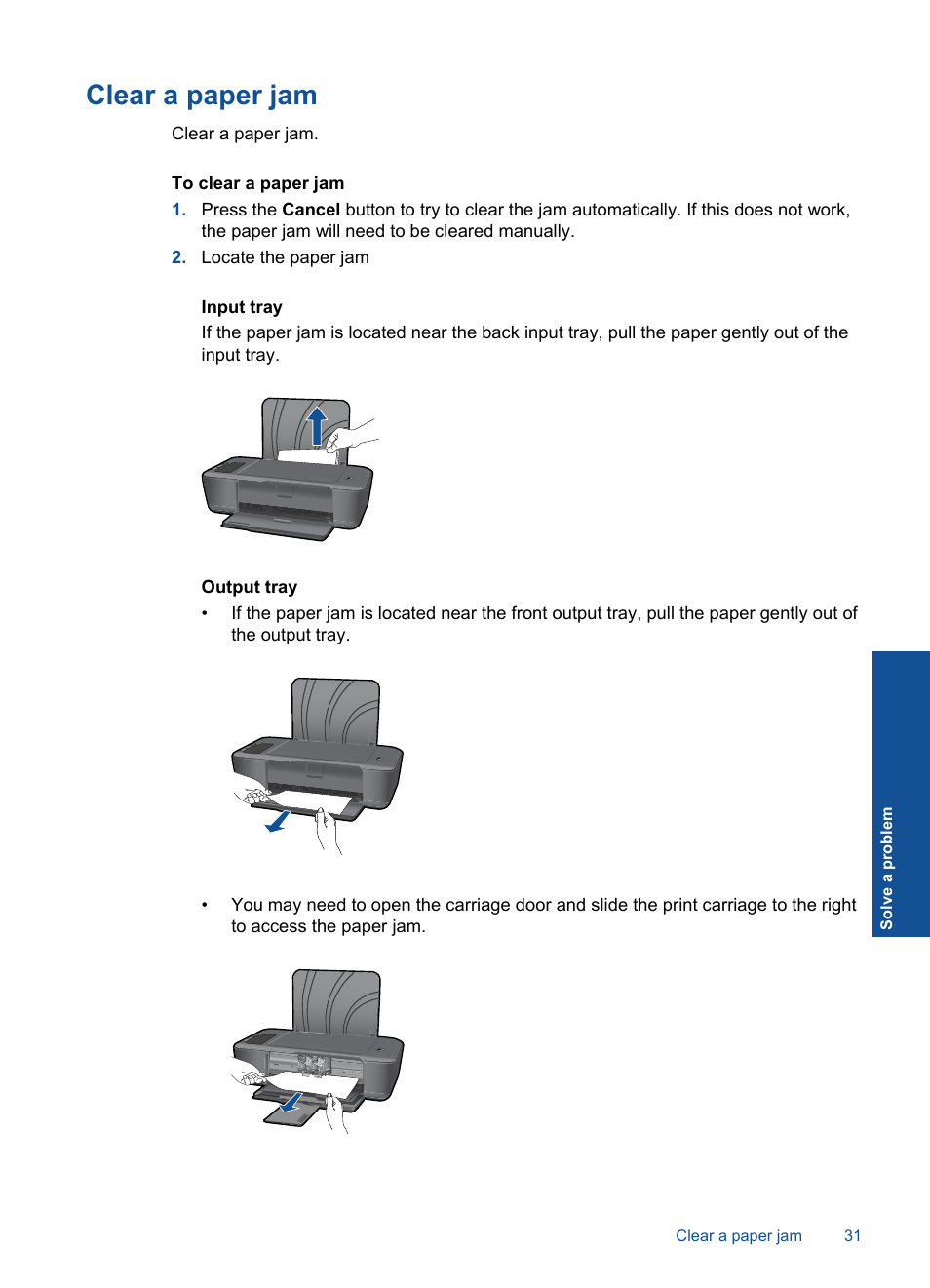 Clear a paper jam, Clear a paper | HP Deskjet 2000 Printer - J210a User Manual | Page 33 / 52