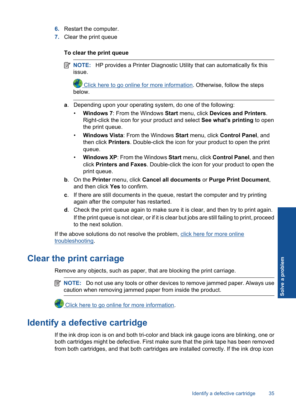 Clear the print, Carriage, Identify a defective cartridge | Clear the print carriage | HP Deskjet 2000 Printer - J210a User Manual | Page 37 / 52
