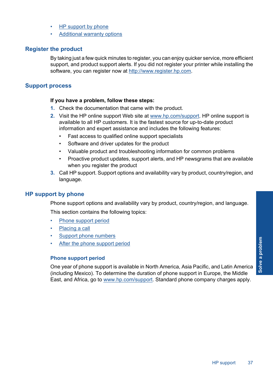 Register the product, Support process, Hp support by phone | Phone support period | HP Deskjet 2000 Printer - J210a User Manual | Page 39 / 52