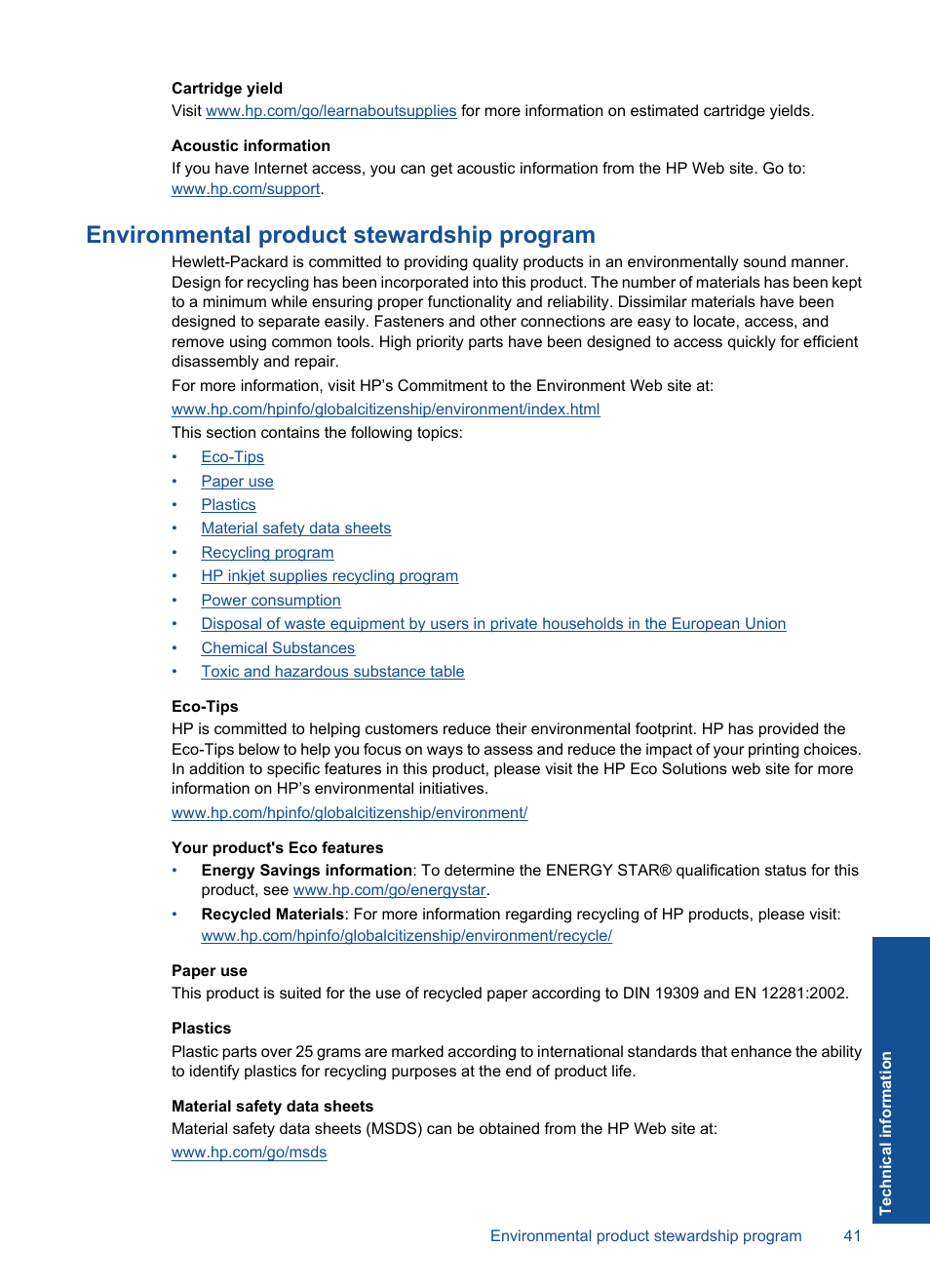 Environmental product stewardship program | HP Deskjet 2000 Printer - J210a User Manual | Page 43 / 52