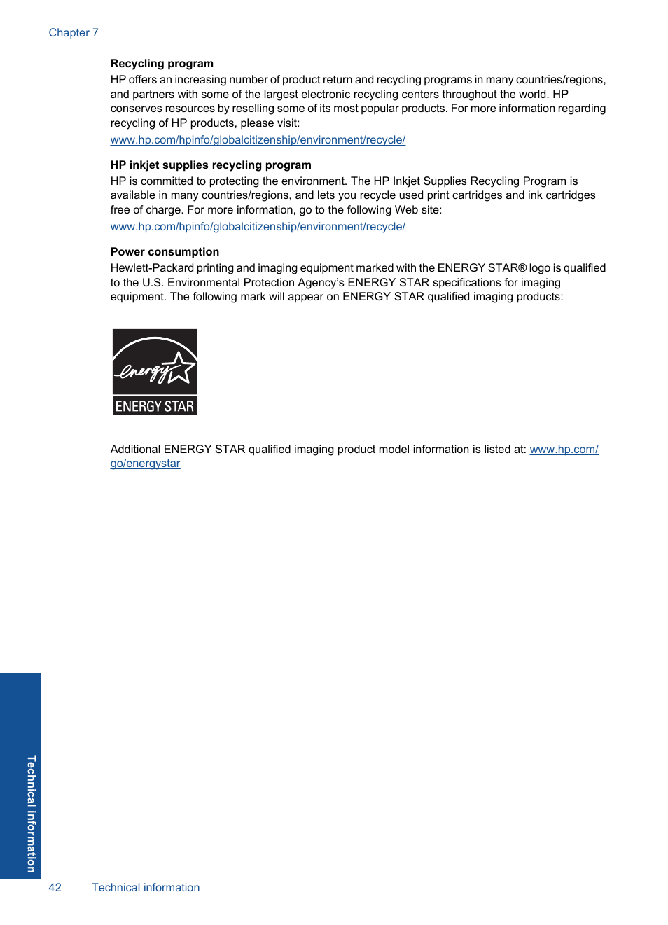 Recycling program, Hp inkjet supplies recycling program, Power consumption | HP Deskjet 2000 Printer - J210a User Manual | Page 44 / 52