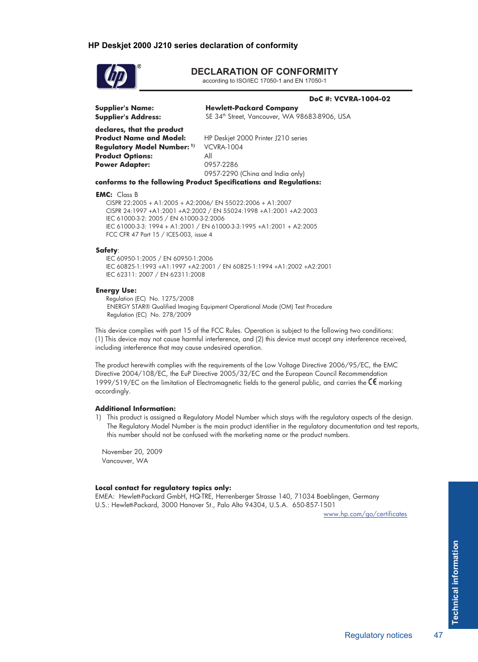 Declaration of conformity | HP Deskjet 2000 Printer - J210a User Manual | Page 49 / 52