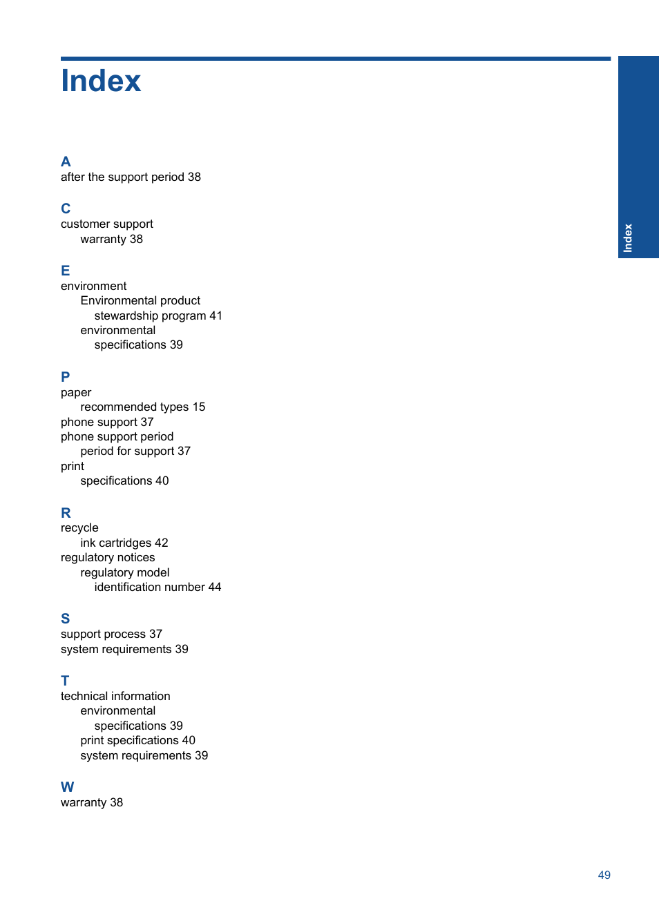 Index | HP Deskjet 2000 Printer - J210a User Manual | Page 51 / 52