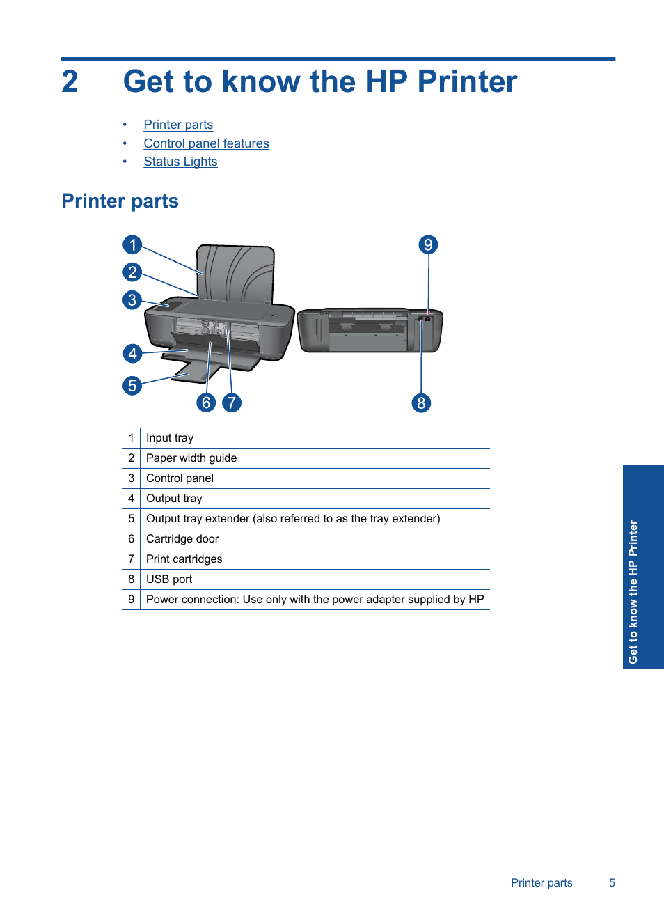 Get to know the hp printer, Printer parts, 2 get to know the hp printer | 2get to know the hp printer | HP Deskjet 2000 Printer - J210a User Manual | Page 7 / 52