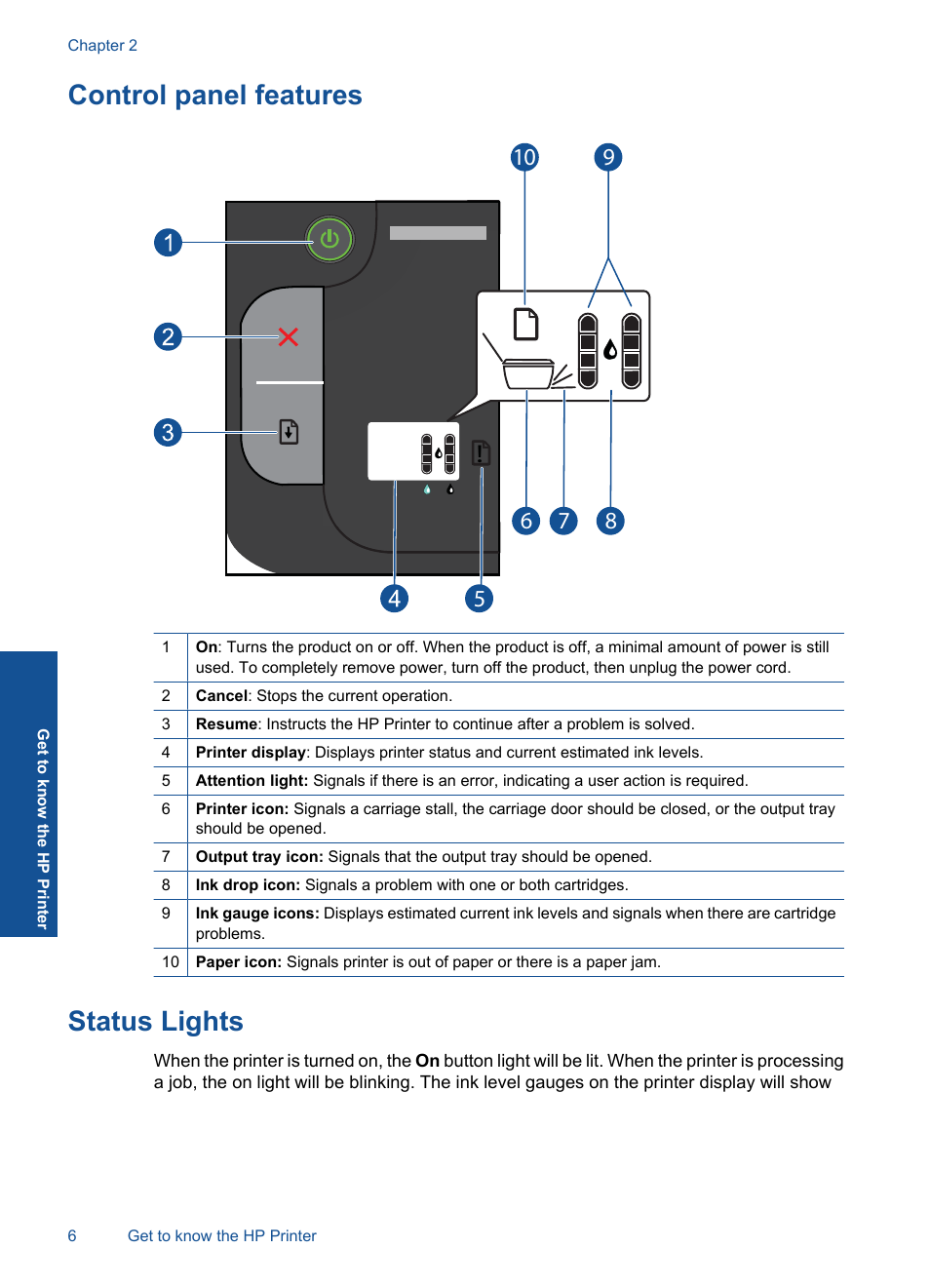 Control panel features, Status lights, Control panel features status lights | HP Deskjet 2000 Printer - J210a User Manual | Page 8 / 52