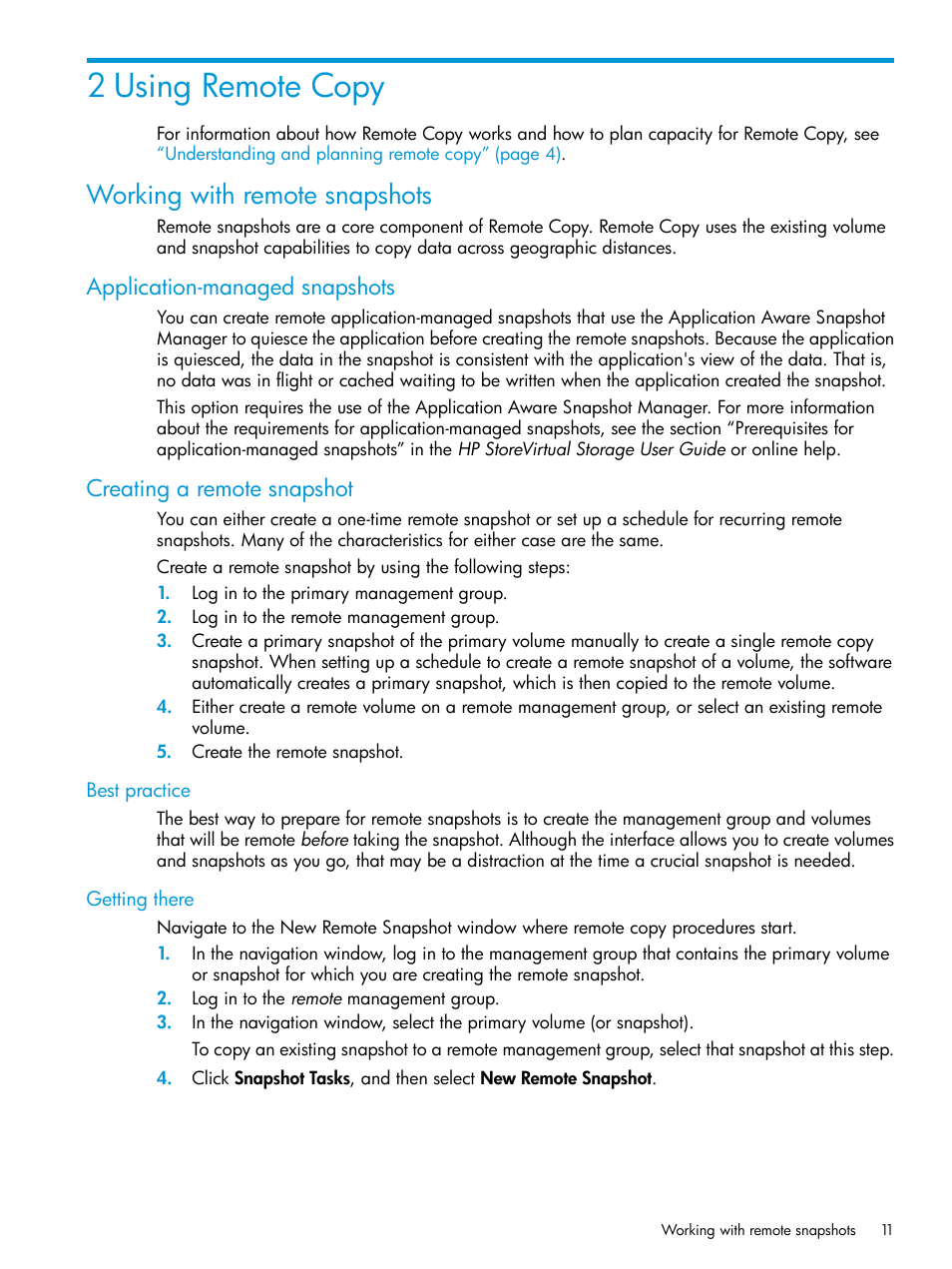 2 using remote copy, Working with remote snapshots, Application-managed snapshots | Creating a remote snapshot, Best practice, Getting there | HP StoreVirtual 4000 Storage User Manual | Page 11 / 57