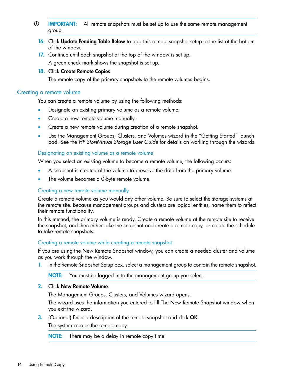 Creating a remote volume, Designating an existing volume as a remote volume, Creating a new remote volume manually | HP StoreVirtual 4000 Storage User Manual | Page 14 / 57