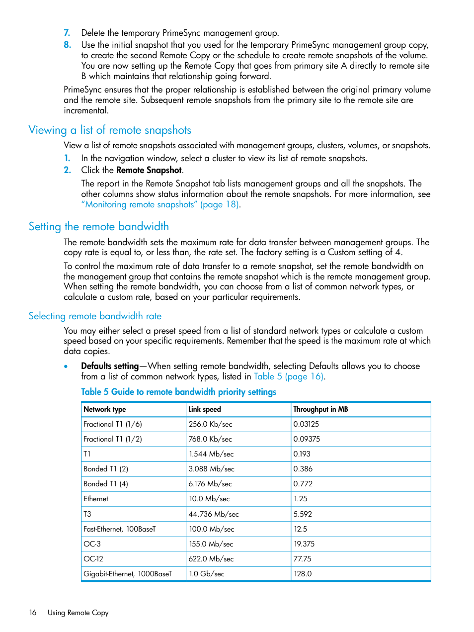 Viewing a list of remote snapshots, Setting the remote bandwidth, Selecting remote bandwidth rate | HP StoreVirtual 4000 Storage User Manual | Page 16 / 57