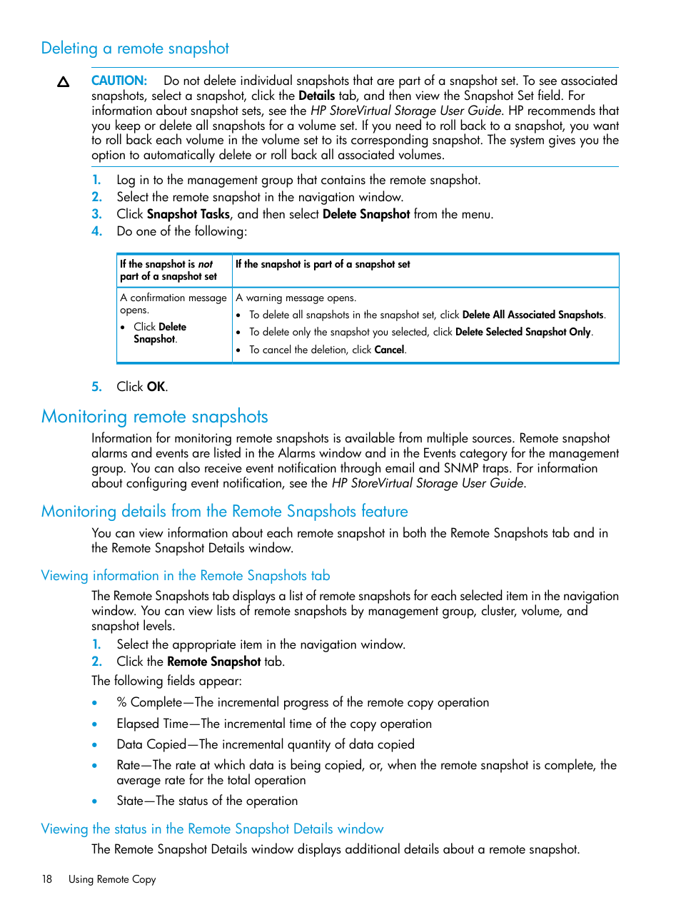 Deleting a remote snapshot, Monitoring remote snapshots, Viewing information in the remote snapshots tab | HP StoreVirtual 4000 Storage User Manual | Page 18 / 57