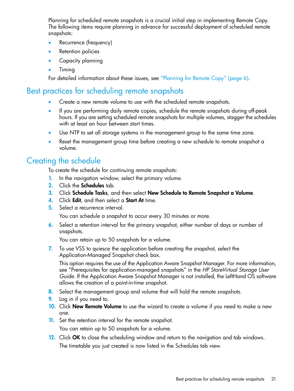 Best practices for scheduling remote snapshots, Creating the schedule | HP StoreVirtual 4000 Storage User Manual | Page 21 / 57