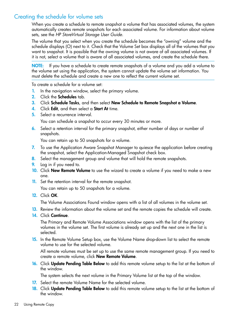 Creating the schedule for volume sets | HP StoreVirtual 4000 Storage User Manual | Page 22 / 57