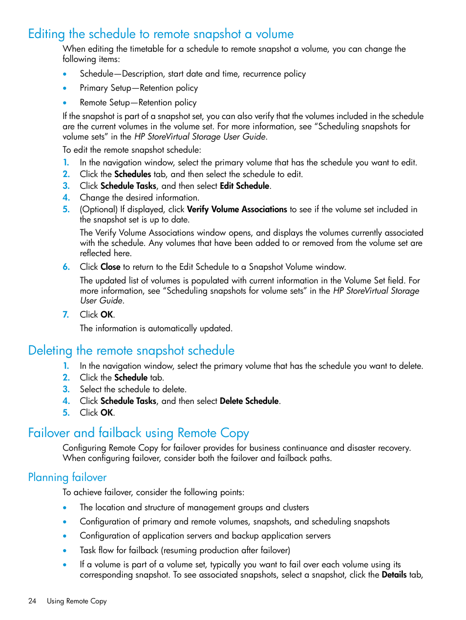 Editing the schedule to remote snapshot a volume, Deleting the remote snapshot schedule, Failover and failback using remote copy | Planning failover | HP StoreVirtual 4000 Storage User Manual | Page 24 / 57