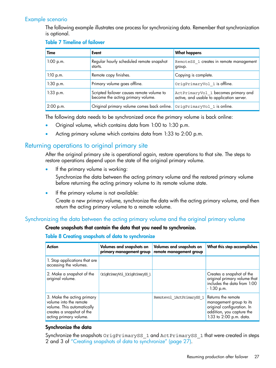 Example scenario, Returning operations to original primary site | HP StoreVirtual 4000 Storage User Manual | Page 27 / 57