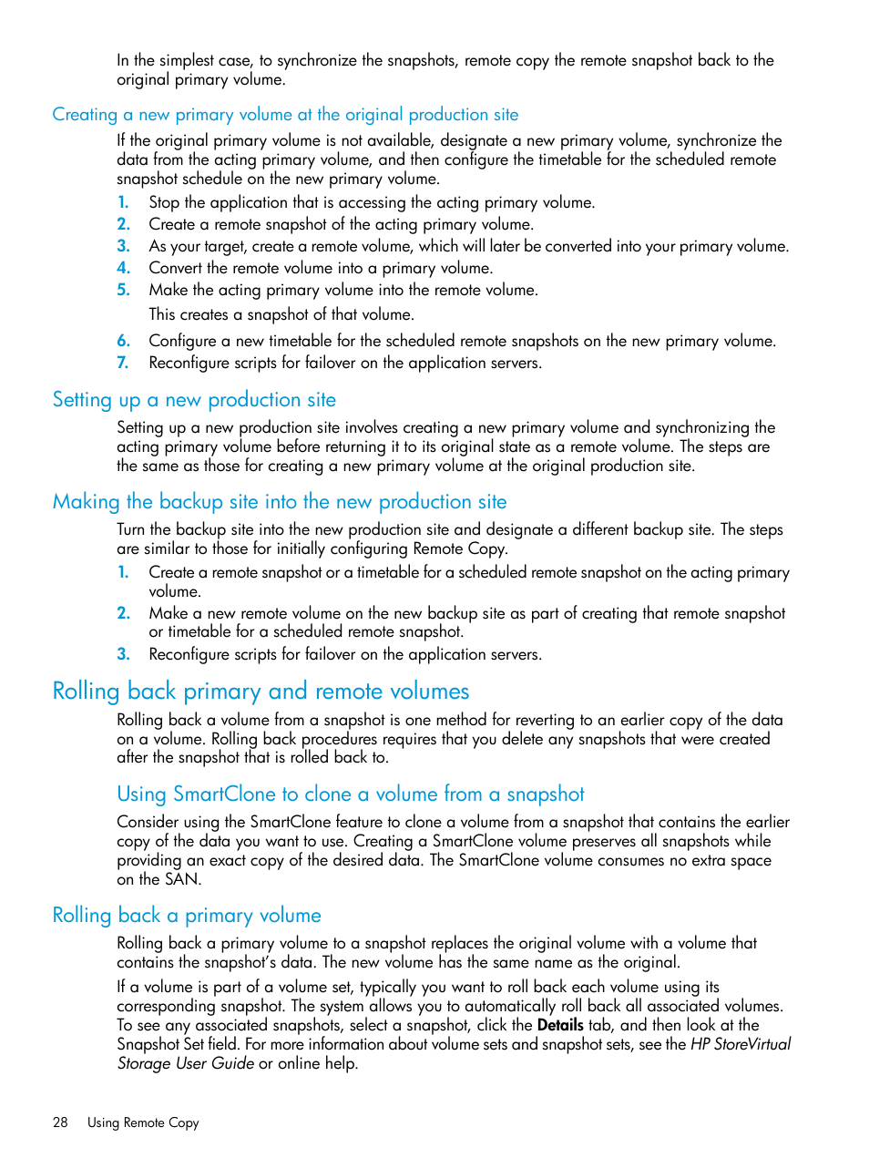 Setting up a new production site, Rolling back primary and remote volumes, Rolling back a primary volume | Using smartclone to clone a volume from a snapshot | HP StoreVirtual 4000 Storage User Manual | Page 28 / 57