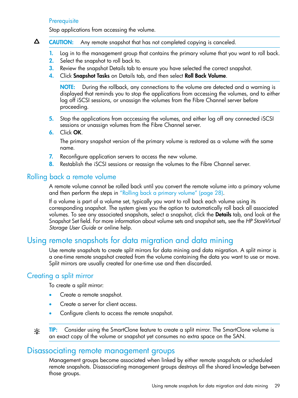 Rolling back a remote volume, Creating a split mirror, Disassociating remote management groups | HP StoreVirtual 4000 Storage User Manual | Page 29 / 57