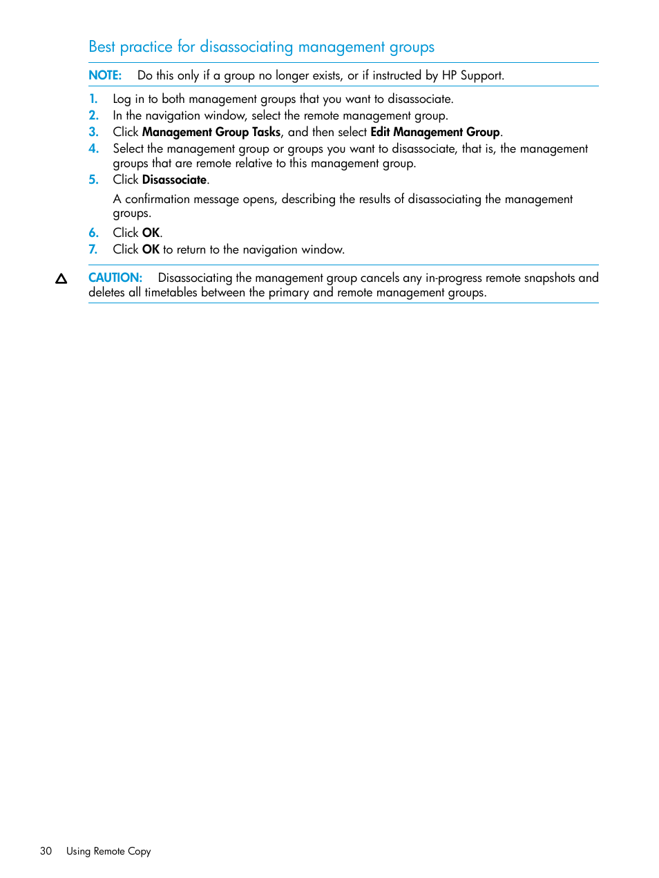 Best practice for disassociating management groups | HP StoreVirtual 4000 Storage User Manual | Page 30 / 57