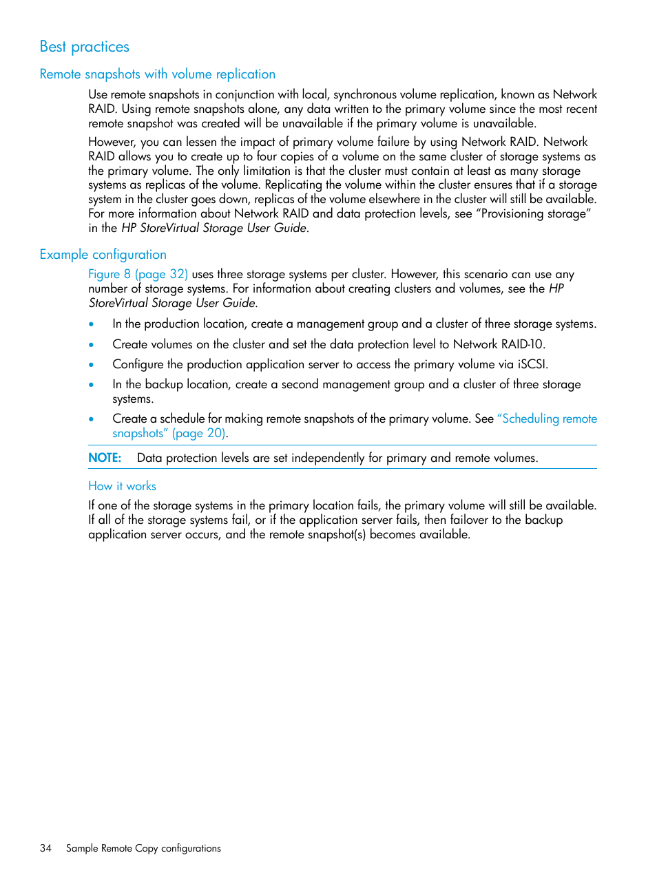 Best practices, Remote snapshots with volume replication, Example configuration | How it works | HP StoreVirtual 4000 Storage User Manual | Page 34 / 57