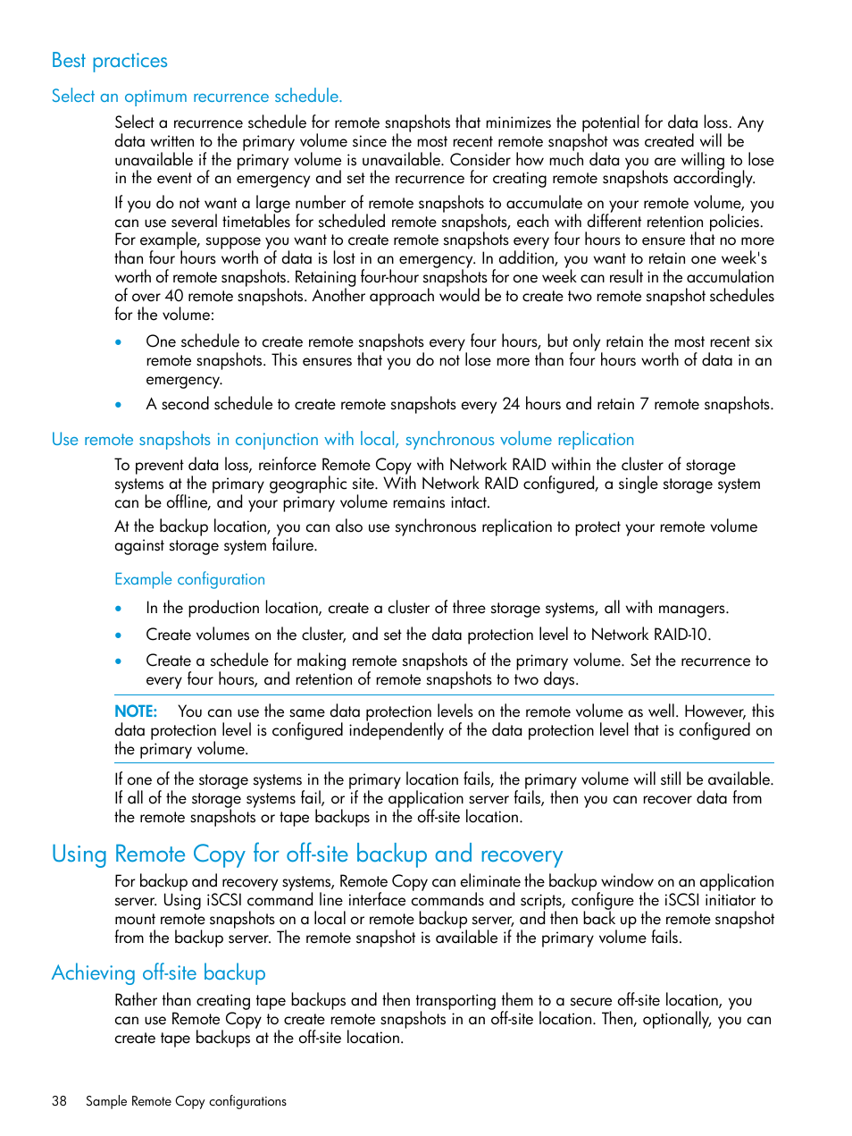 Best practices, Select an optimum recurrence schedule, Example configuration | Using remote copy for off-site backup and recovery, Achieving off-site backup | HP StoreVirtual 4000 Storage User Manual | Page 38 / 57