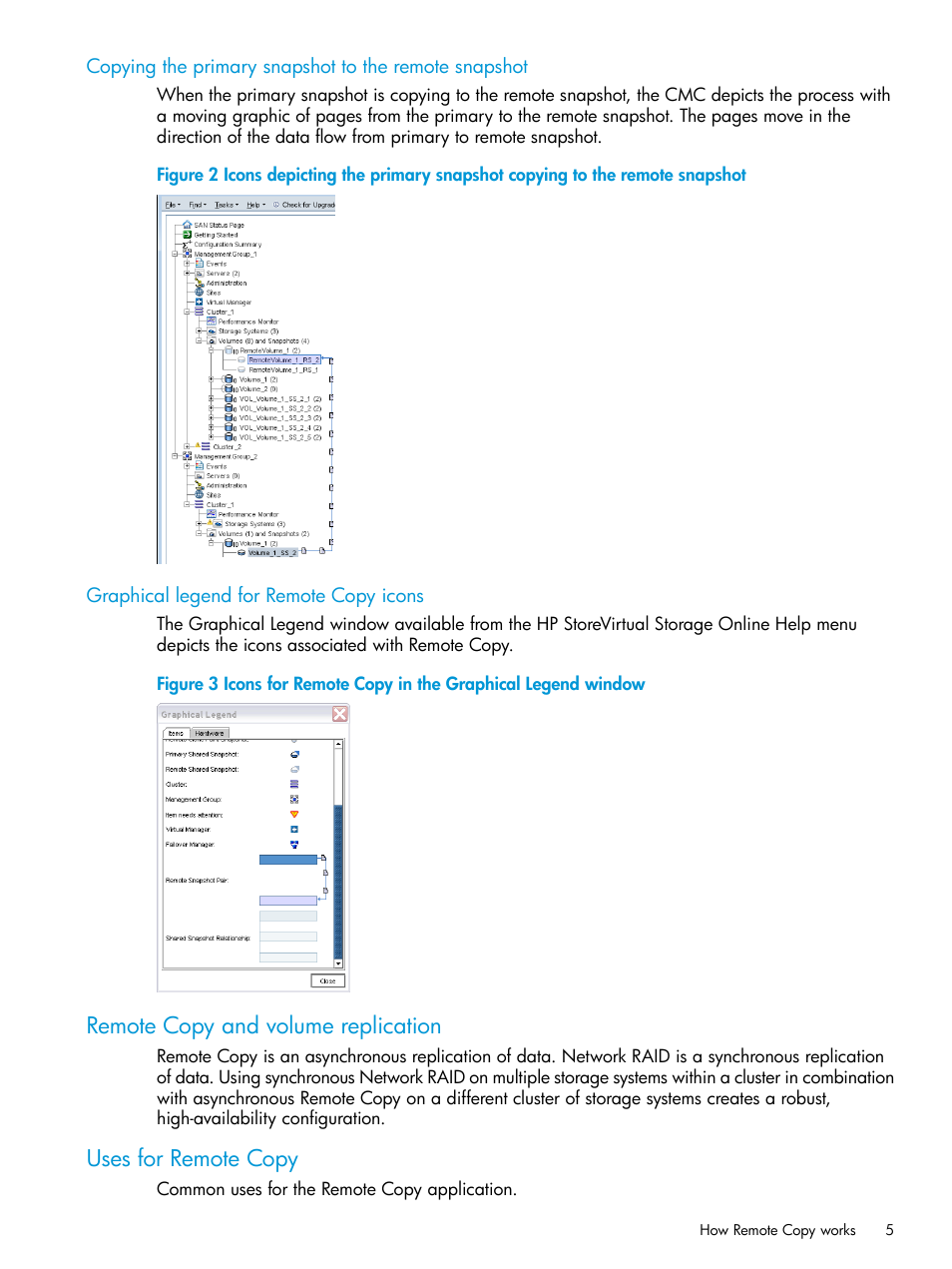 Graphical legend for remote copy icons, Remote copy and volume replication, Uses for remote copy | HP StoreVirtual 4000 Storage User Manual | Page 5 / 57