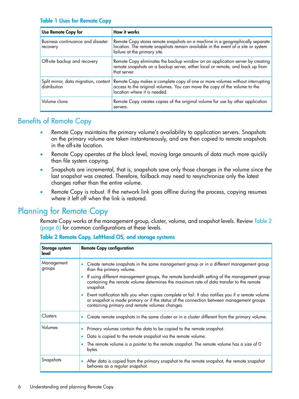 Benefits of remote copy, Planning for remote copy | HP StoreVirtual 4000 Storage User Manual | Page 6 / 57