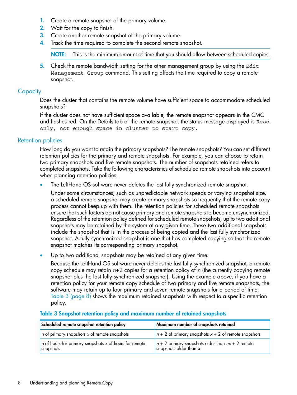 Capacity, Retention policies | HP StoreVirtual 4000 Storage User Manual | Page 8 / 57