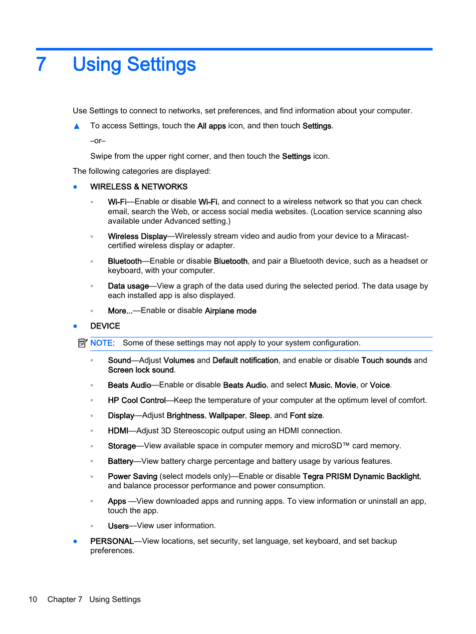 Using settings, 7 using settings, 7using settings | HP SlateBook 14-p010nr PC User Manual | Page 14 / 22
