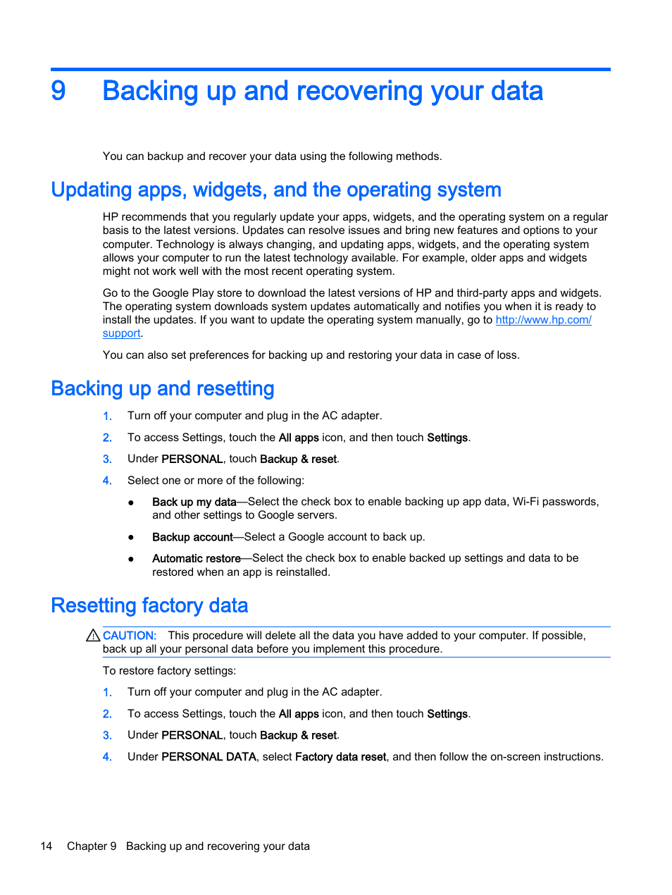 Backing up and recovering your data, Updating apps, widgets, and the operating system, Backing up and resetting | Resetting factory data, 9 backing up and recovering your data, 9backing up and recovering your data | HP SlateBook 14-p010nr PC User Manual | Page 18 / 22