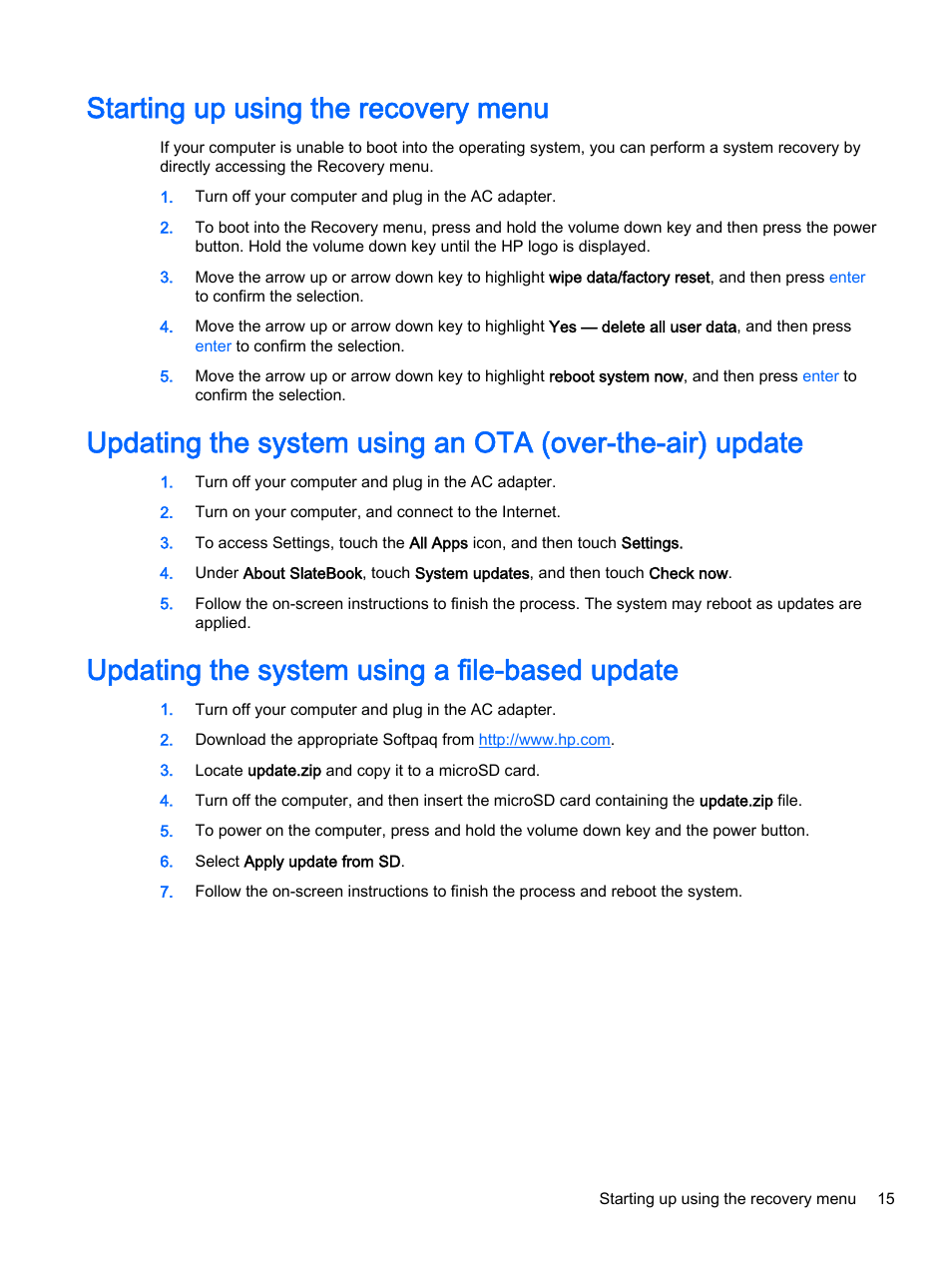 Starting up using the recovery menu, Updating the system using a file-based update | HP SlateBook 14-p010nr PC User Manual | Page 19 / 22