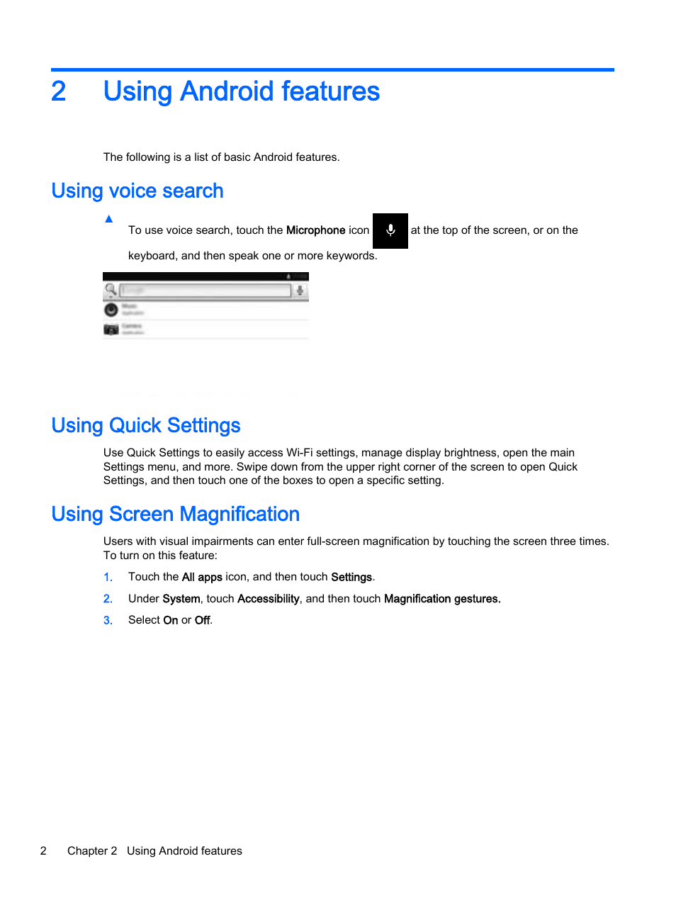 Using android features, Using voice search, Using quick settings | Using screen magnification, 2 using android features, 2using android features | HP SlateBook 14-p010nr PC User Manual | Page 6 / 22