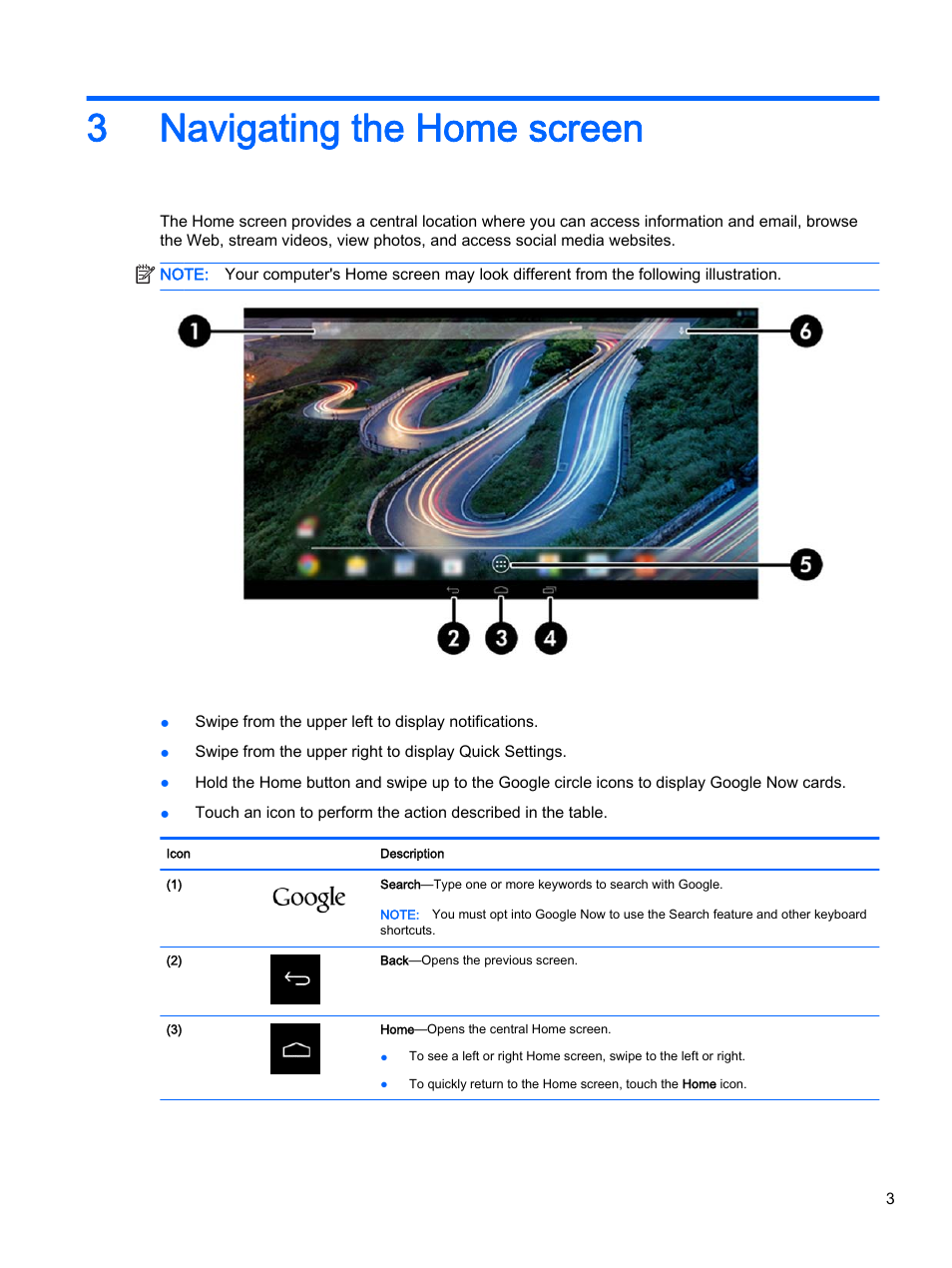 Navigating the home screen, 3 navigating the home screen, 3navigating the home screen | HP SlateBook 14-p010nr PC User Manual | Page 7 / 22