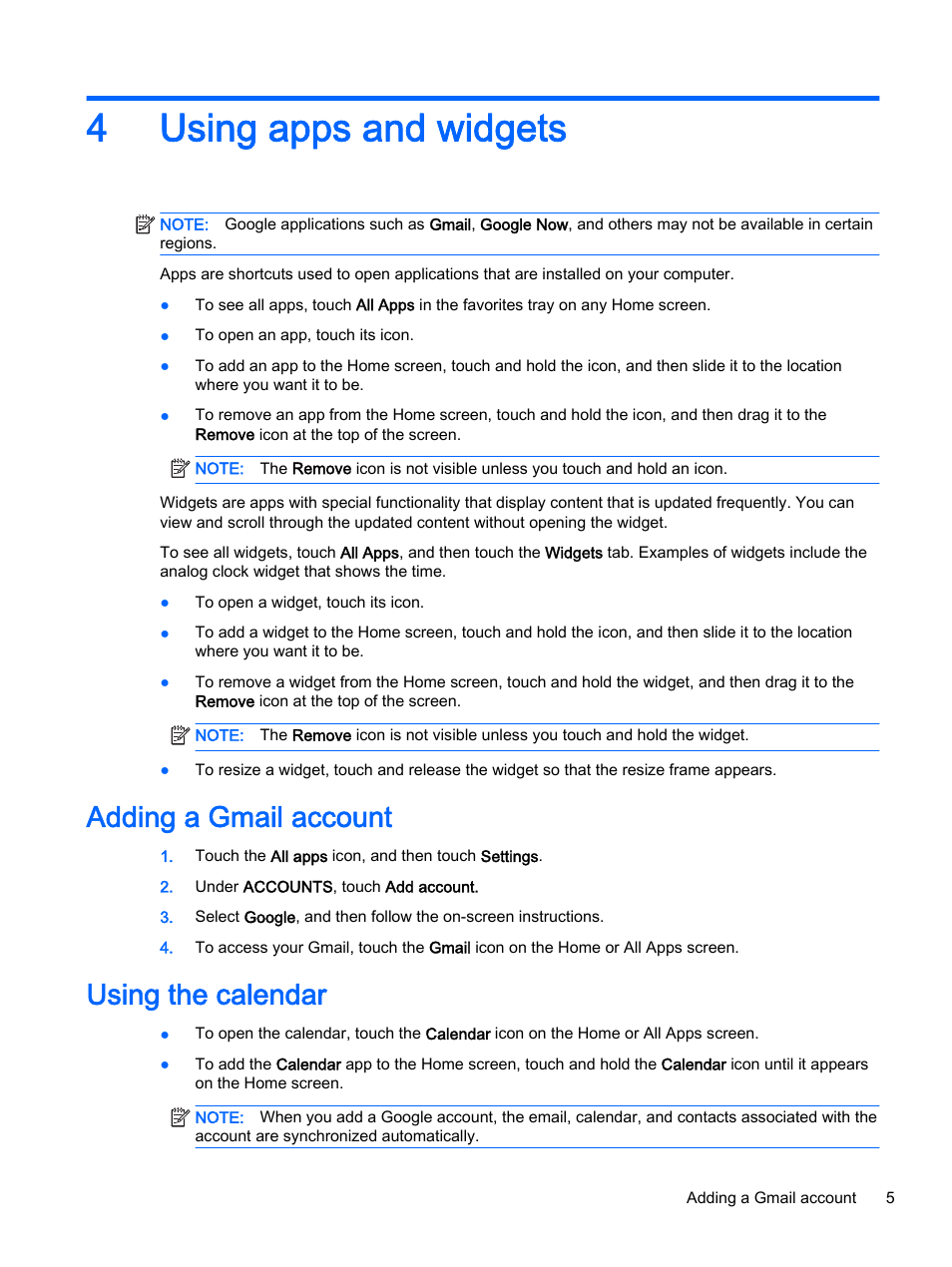 Using apps and widgets, Adding a gmail account, Using the calendar | 4 using apps and widgets, Adding a gmail account using the calendar, 4using apps and widgets | HP SlateBook 14-p010nr PC User Manual | Page 9 / 22