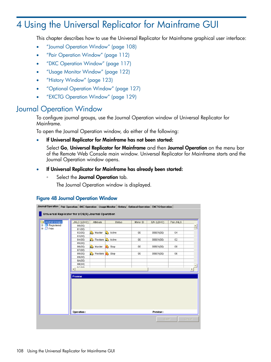 4 using the universal replicator for mainframe gui, Journal operation window | HP StorageWorks XP Remote Web Console Software User Manual | Page 108 / 244