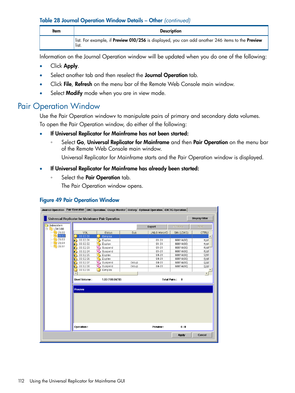Pair operation window | HP StorageWorks XP Remote Web Console Software User Manual | Page 112 / 244