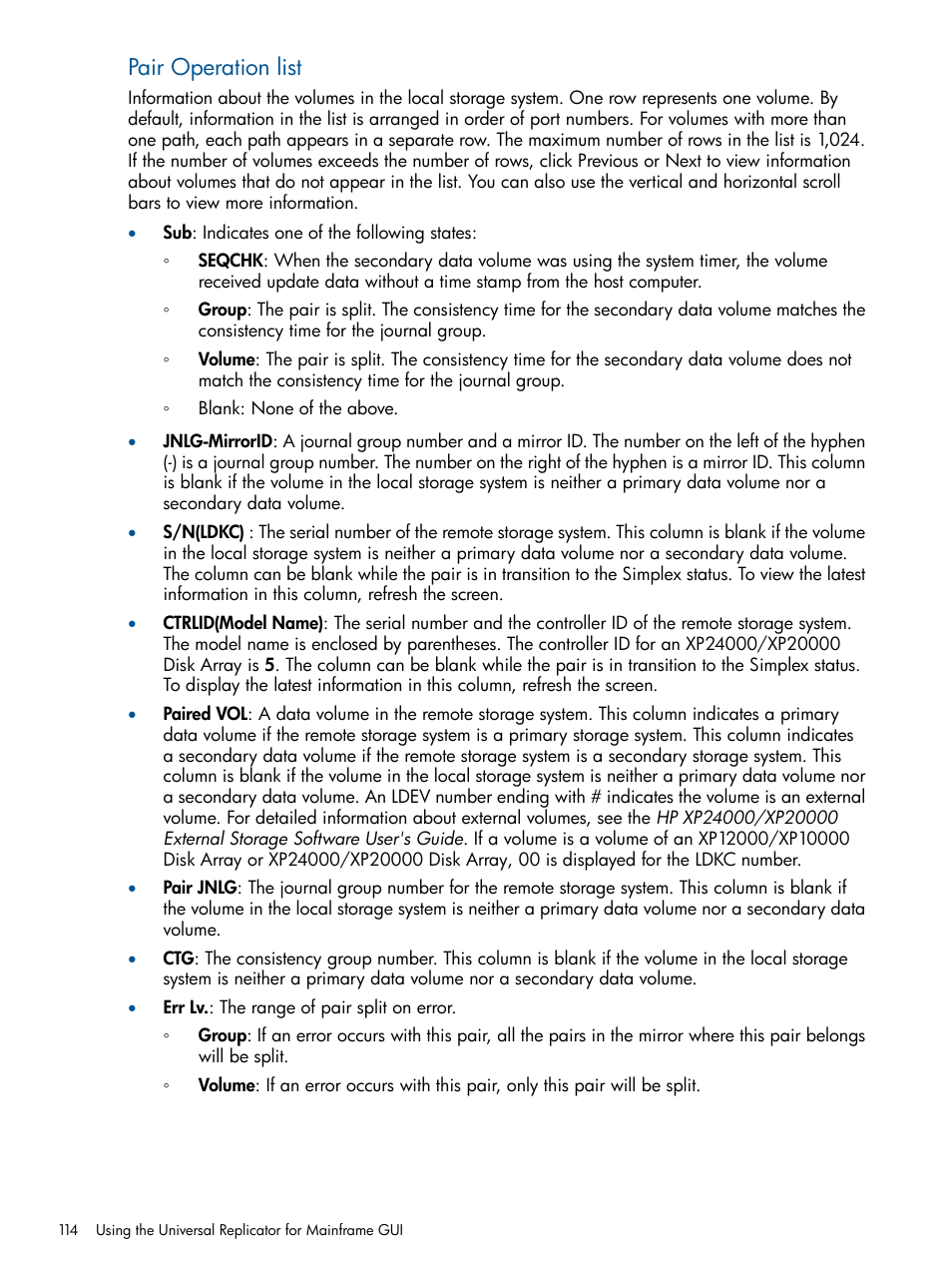 Pair operation list | HP StorageWorks XP Remote Web Console Software User Manual | Page 114 / 244