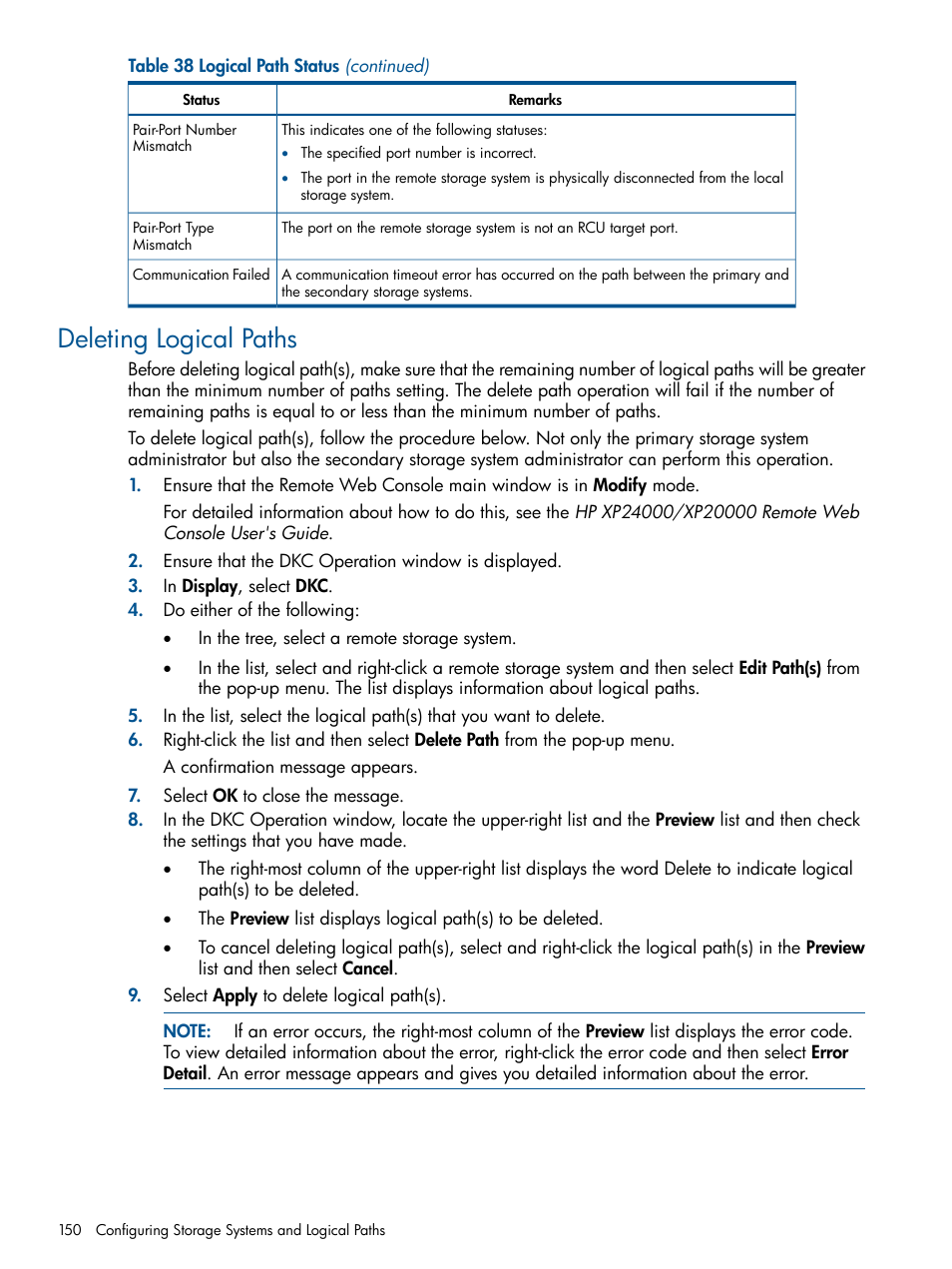 Deleting logical paths | HP StorageWorks XP Remote Web Console Software User Manual | Page 150 / 244