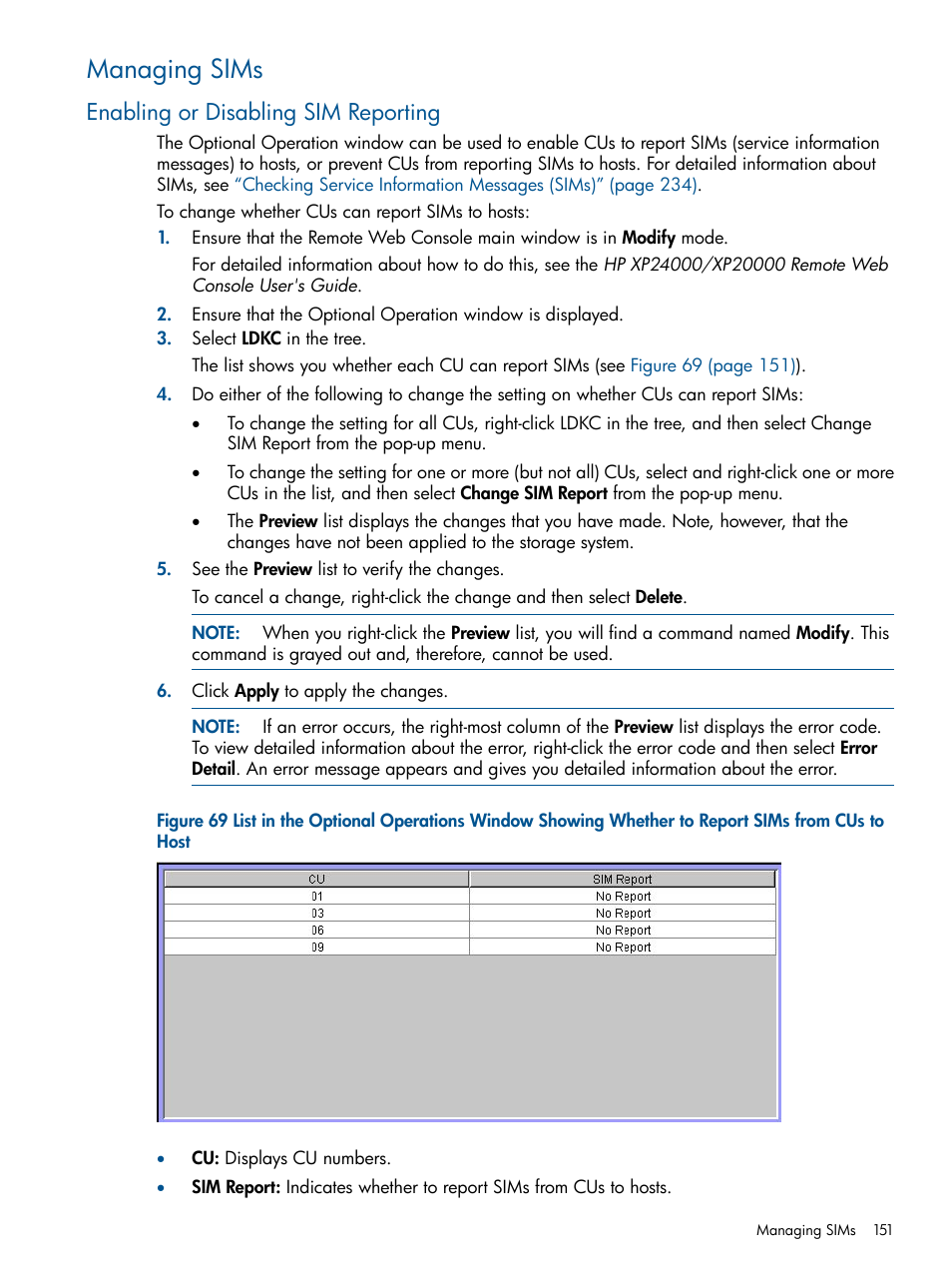 Managing sims, Enabling or disabling sim reporting | HP StorageWorks XP Remote Web Console Software User Manual | Page 151 / 244