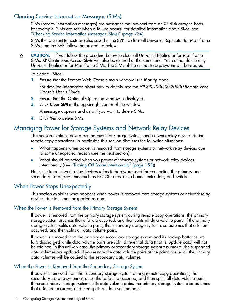 Clearing service information messages (sims), When power stops unexpectedly | HP StorageWorks XP Remote Web Console Software User Manual | Page 152 / 244