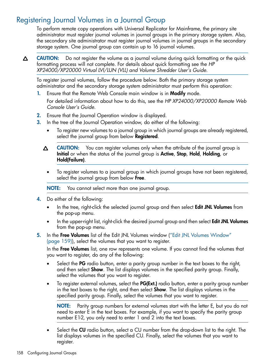 Registering journal volumes in a journal group | HP StorageWorks XP Remote Web Console Software User Manual | Page 158 / 244