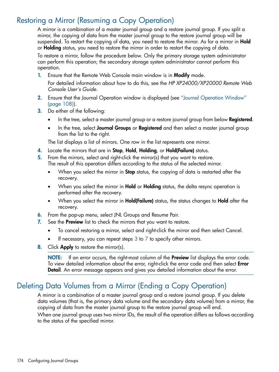 Restoring a mirror (resuming a copy operation), Restoring a mirror (resuming, Deleting data | HP StorageWorks XP Remote Web Console Software User Manual | Page 174 / 244