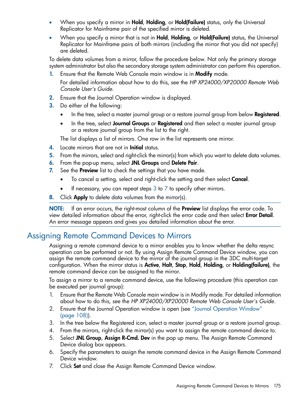 Assigning remote command devices to mirrors | HP StorageWorks XP Remote Web Console Software User Manual | Page 175 / 244