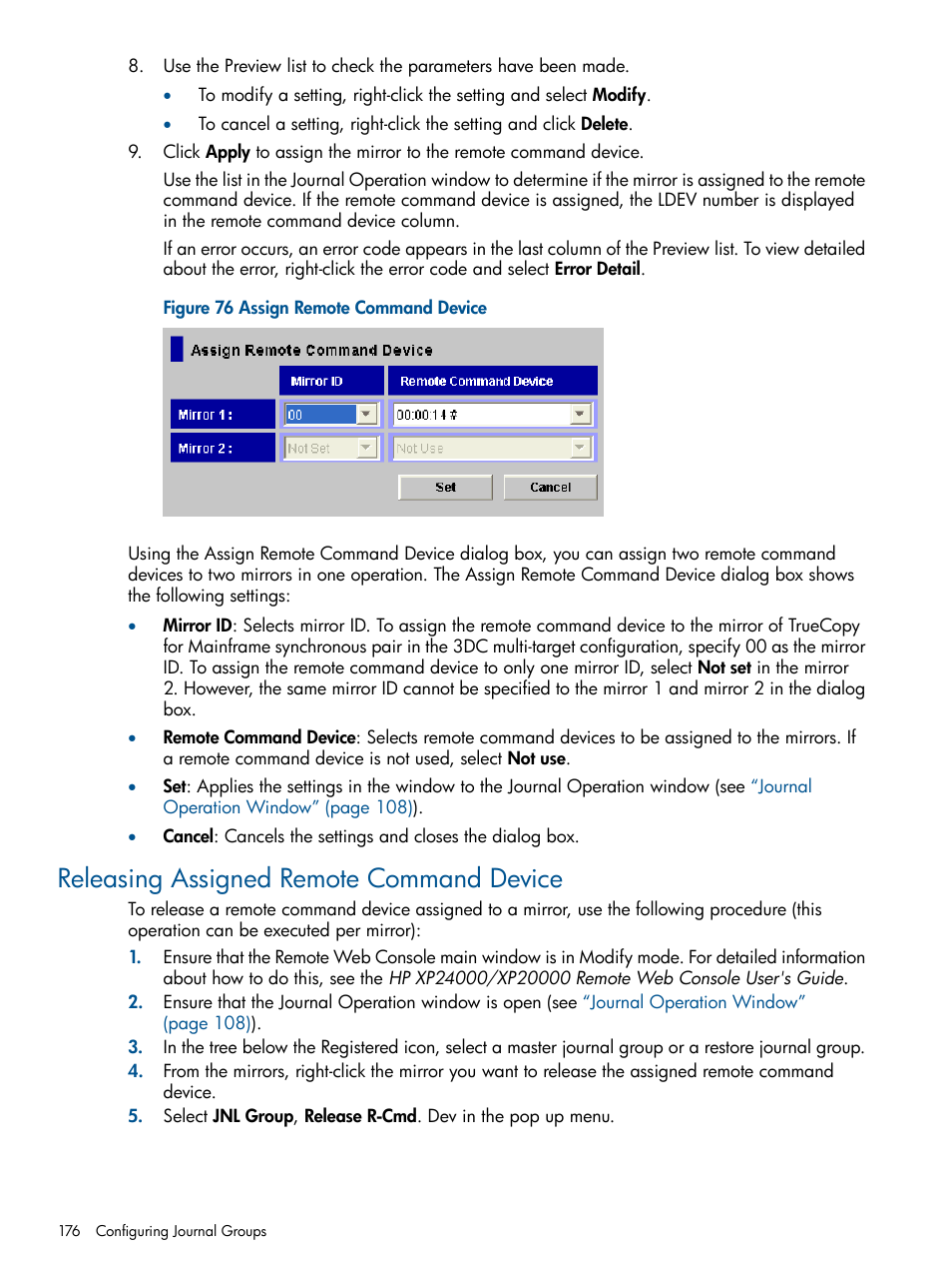 Releasing assigned remote command device, Releasing assigned remote | HP StorageWorks XP Remote Web Console Software User Manual | Page 176 / 244