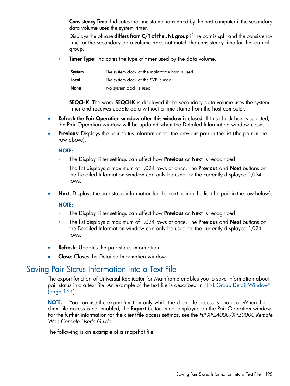 Saving pair status information into a text file | HP StorageWorks XP Remote Web Console Software User Manual | Page 195 / 244