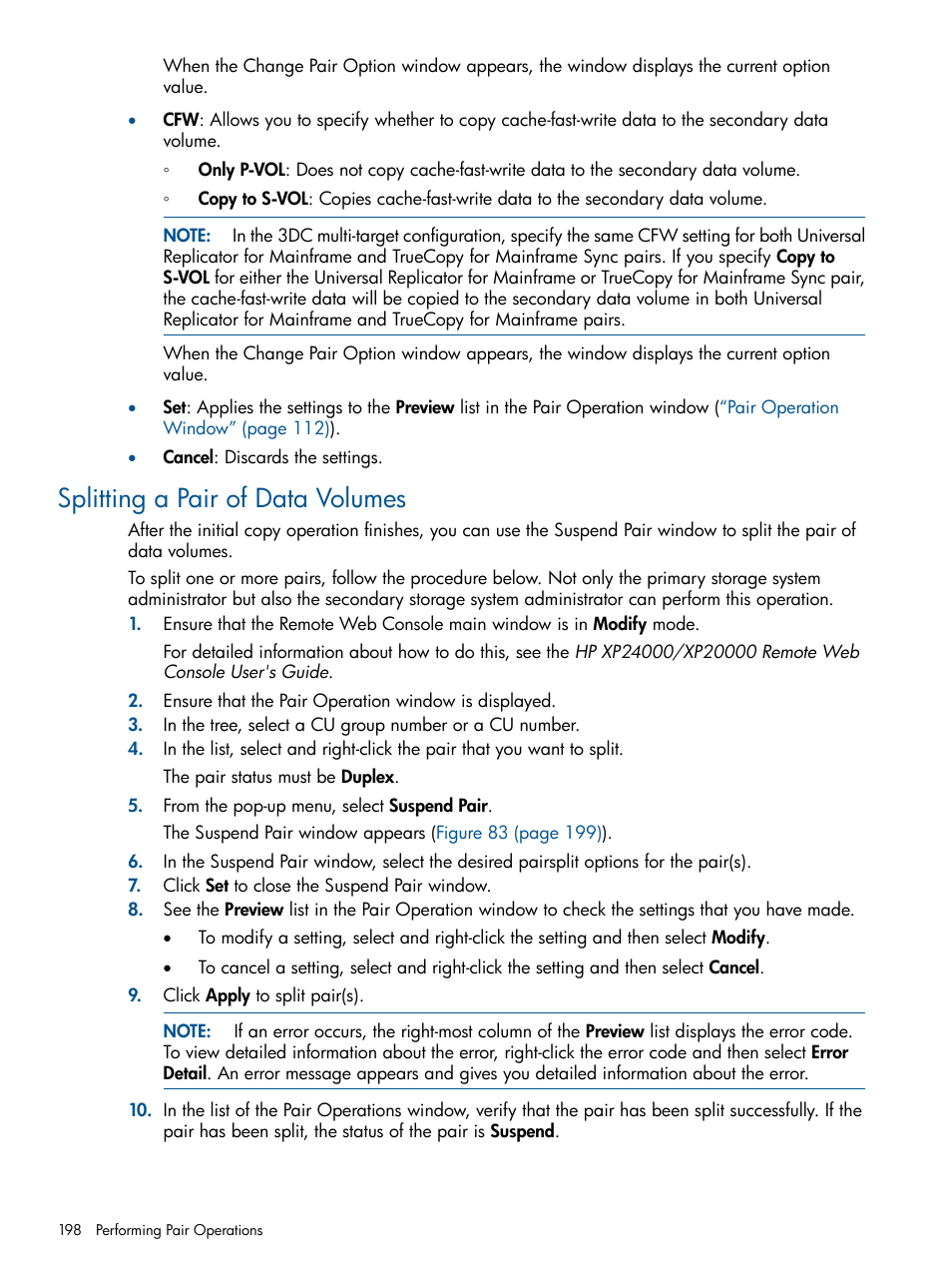 Splitting a pair of data volumes | HP StorageWorks XP Remote Web Console Software User Manual | Page 198 / 244