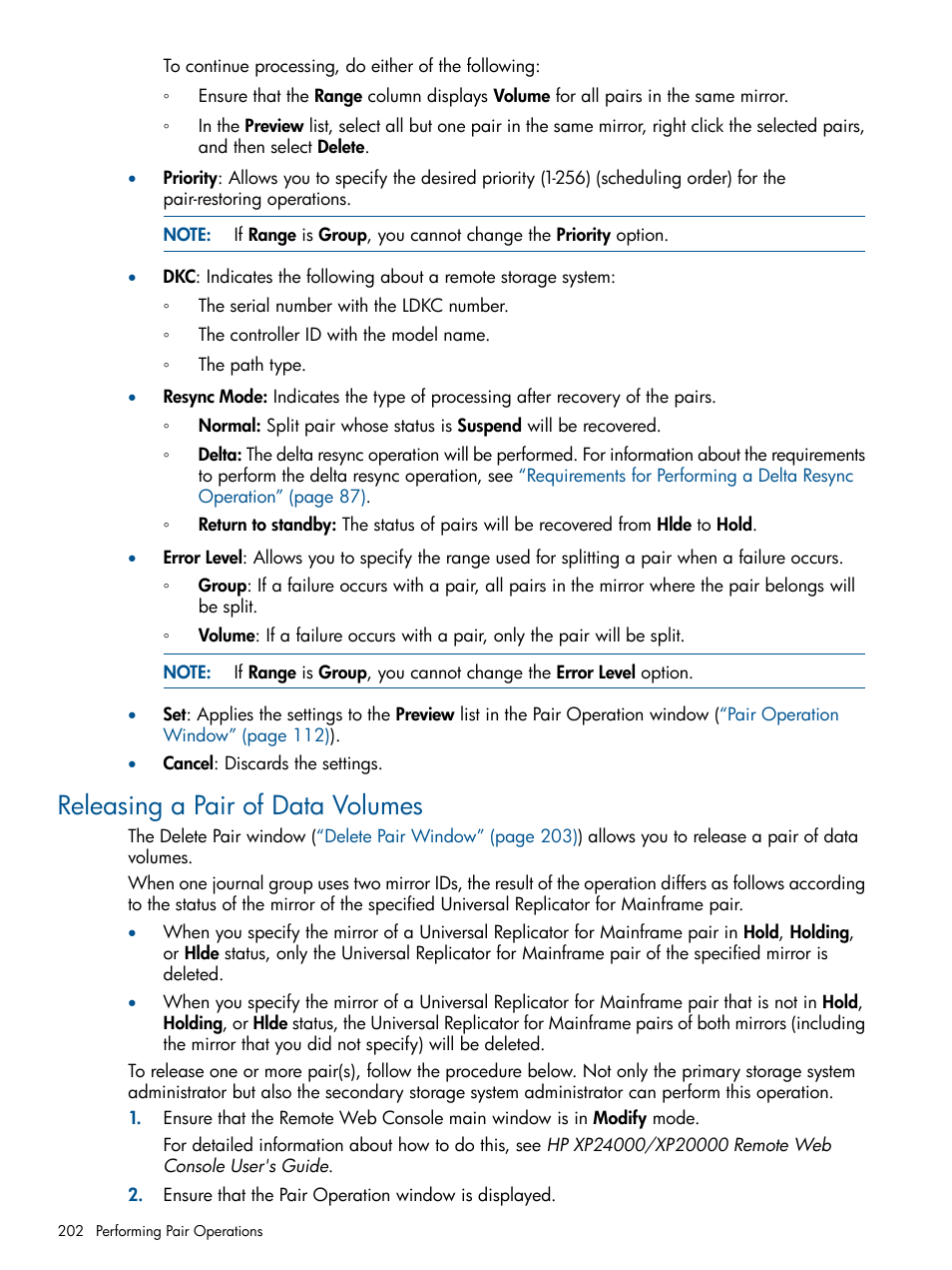 Releasing a pair of data volumes | HP StorageWorks XP Remote Web Console Software User Manual | Page 202 / 244