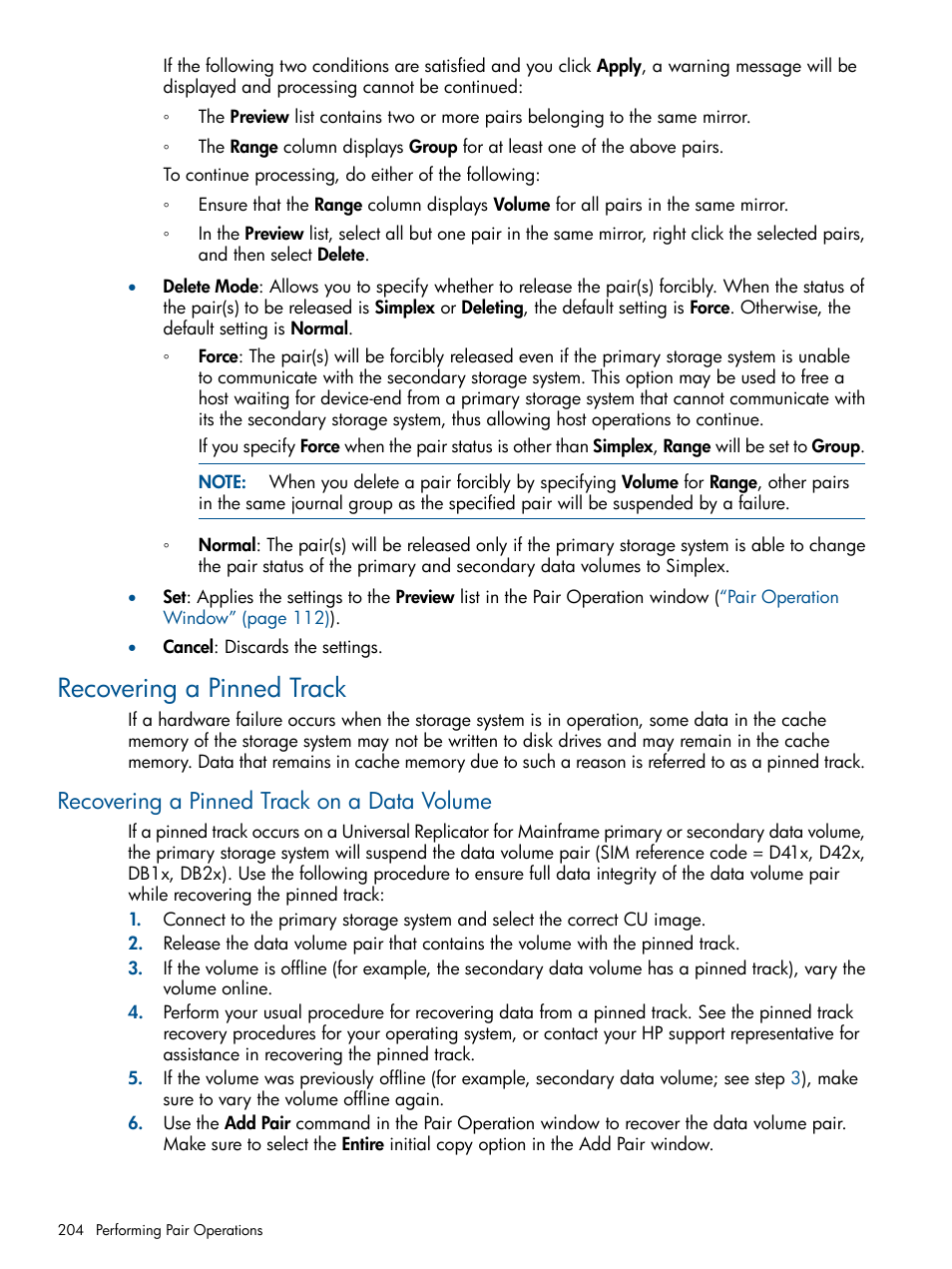 Recovering a pinned track, Recovering a pinned track on a data volume | HP StorageWorks XP Remote Web Console Software User Manual | Page 204 / 244