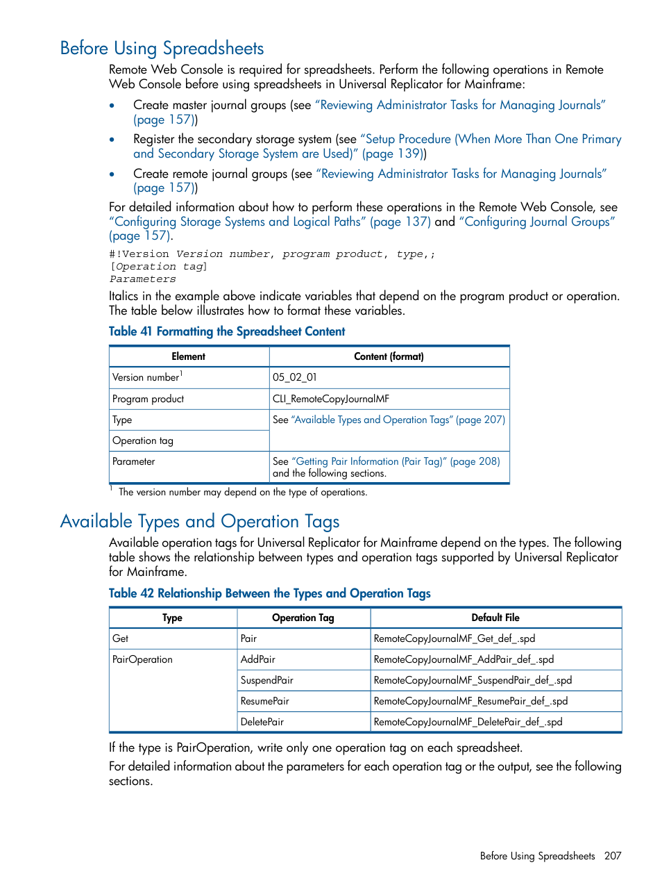 Before using spreadsheets, Available types and operation tags | HP StorageWorks XP Remote Web Console Software User Manual | Page 207 / 244